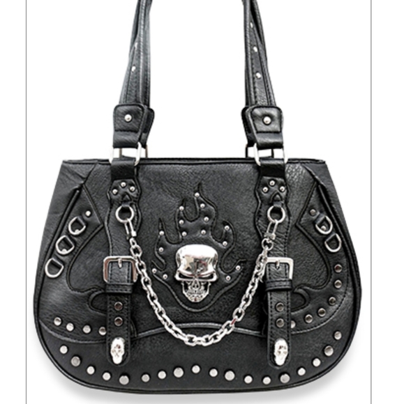 Handbags - Stud and Chain Accents Skull Handbag